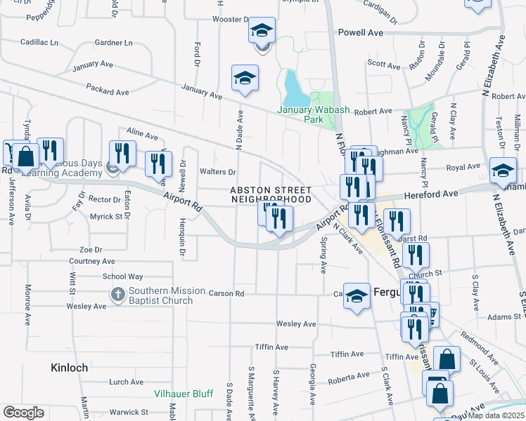 map of restaurants, bars, coffee shops, grocery stores, and more near 612 Abston Street in Ferguson