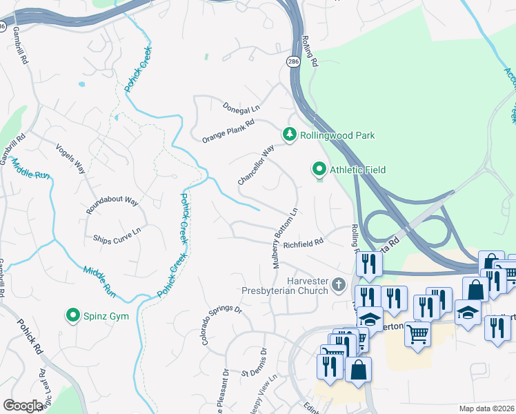 map of restaurants, bars, coffee shops, grocery stores, and more near 7636 Chancellor Way in Springfield
