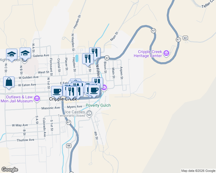 map of restaurants, bars, coffee shops, grocery stores, and more near 531 East Carr Avenue in Cripple Creek