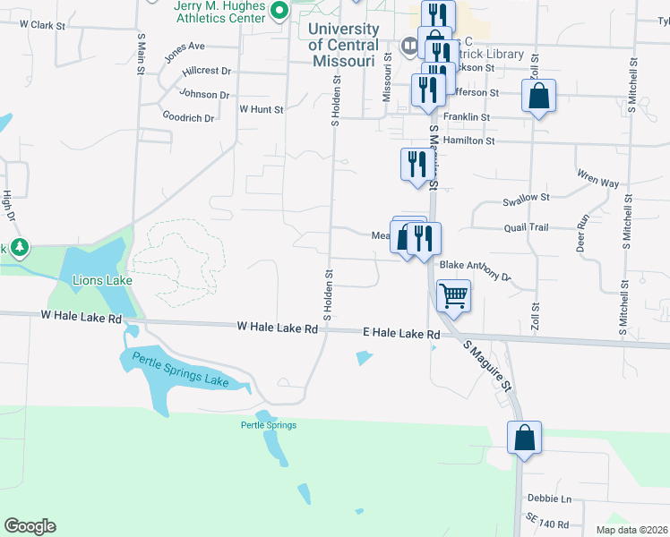 map of restaurants, bars, coffee shops, grocery stores, and more near 1103 South Holden Street in Warrensburg
