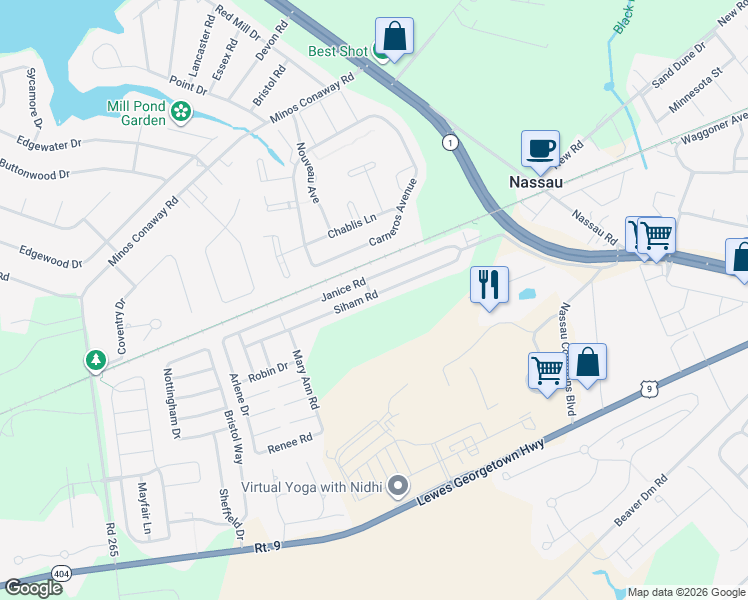 map of restaurants, bars, coffee shops, grocery stores, and more near 31742 Siham Road in Lewes