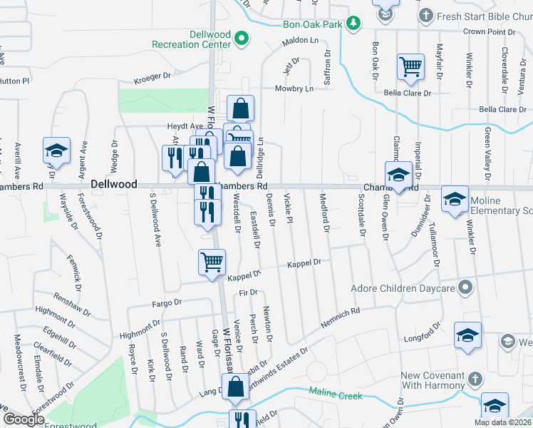 map of restaurants, bars, coffee shops, grocery stores, and more near 9850 Dennis Drive in St. Louis