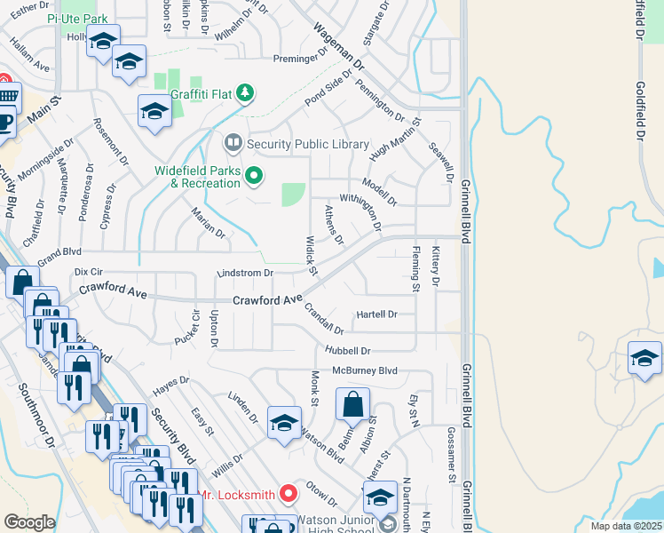 map of restaurants, bars, coffee shops, grocery stores, and more near 935 Lindstrom Dr in Colorado Springs