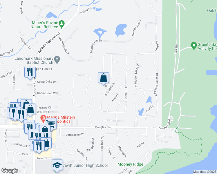 map of restaurants, bars, coffee shops, grocery stores, and more near 8277 Lakeland Drive in Granite Bay
