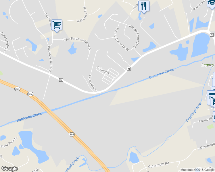 map of restaurants, bars, coffee shops, grocery stores, and more near 1342 Commons Circle in Cottleville