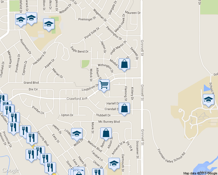 map of restaurants, bars, coffee shops, grocery stores, and more near 355 Putnam Drive in Colorado Springs
