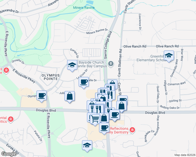 map of restaurants, bars, coffee shops, grocery stores, and more near 2500 Du Bois Drive in Roseville