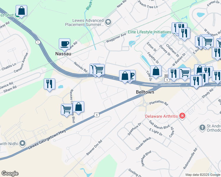 map of restaurants, bars, coffee shops, grocery stores, and more near 17476 Slipper Shell Way in Lewes