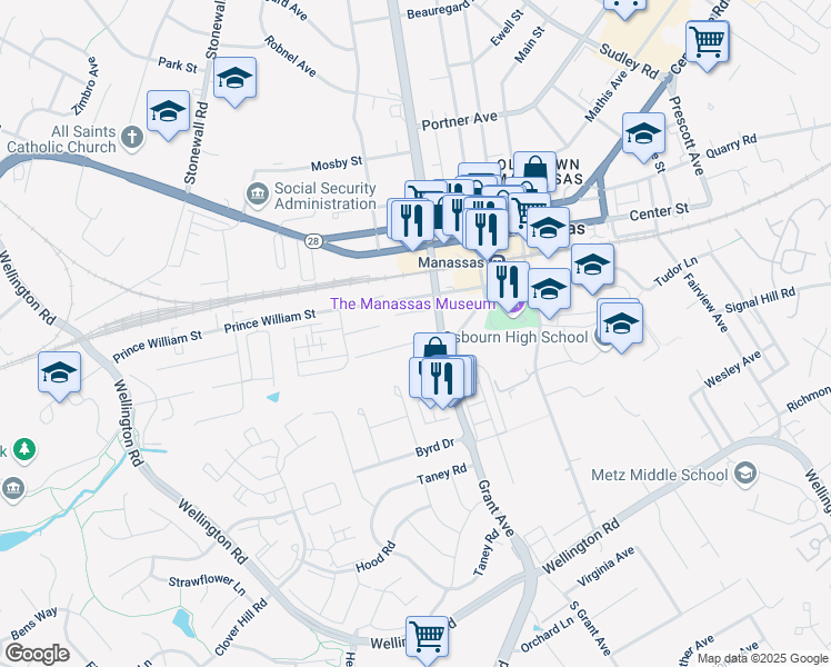 map of restaurants, bars, coffee shops, grocery stores, and more near 9204 Douglas Street in Manassas