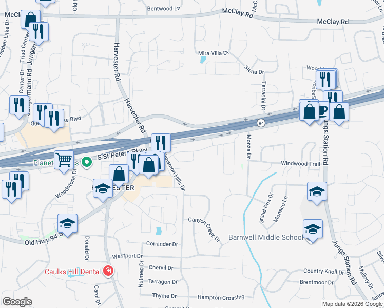 map of restaurants, bars, coffee shops, grocery stores, and more near 1492-3998 Cinnamon Hills Dr in St Charles