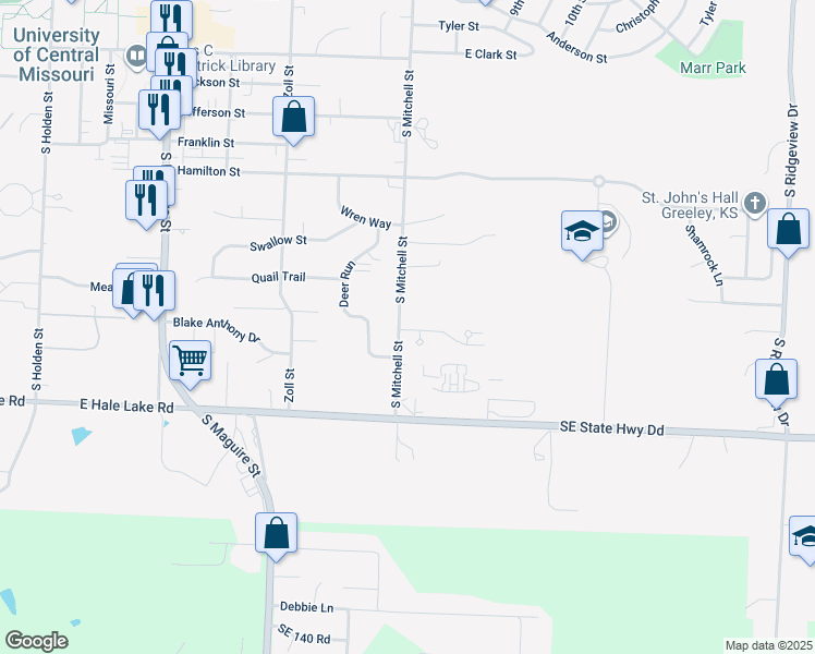 map of restaurants, bars, coffee shops, grocery stores, and more near 705 Cedar Drive in Warrensburg