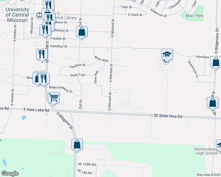 map of restaurants, bars, coffee shops, grocery stores, and more near 1102 Pine Court in Warrensburg