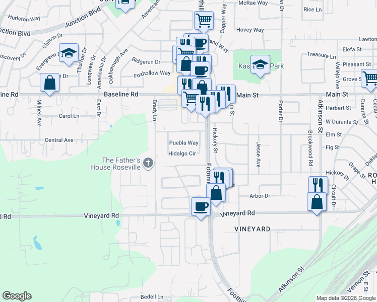 map of restaurants, bars, coffee shops, grocery stores, and more near 1324 Hidalgo Circle in Roseville