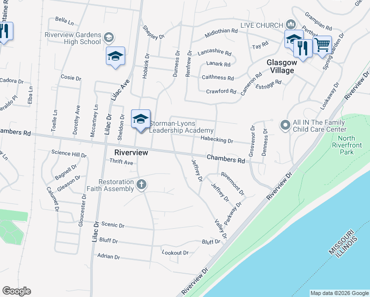 map of restaurants, bars, coffee shops, grocery stores, and more near in Riverview