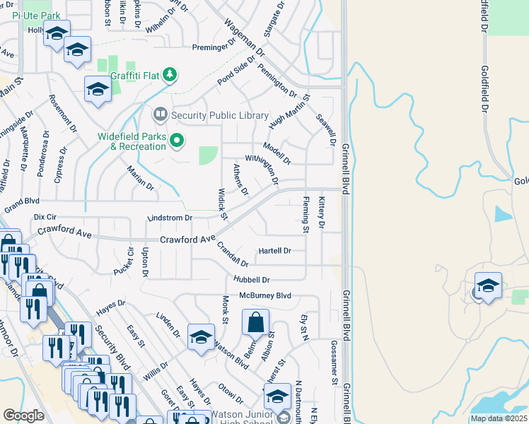 map of restaurants, bars, coffee shops, grocery stores, and more near 355 Putnam Drive in Colorado Springs