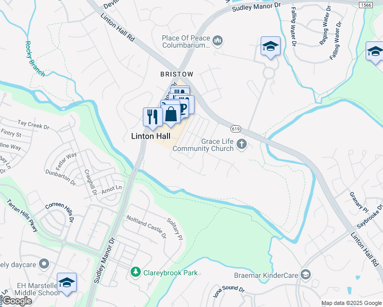 map of restaurants, bars, coffee shops, grocery stores, and more near 9508 TARVIE Circle in Bristow