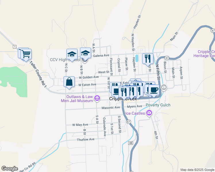 map of restaurants, bars, coffee shops, grocery stores, and more near 106 East Eaton Avenue in Cripple Creek