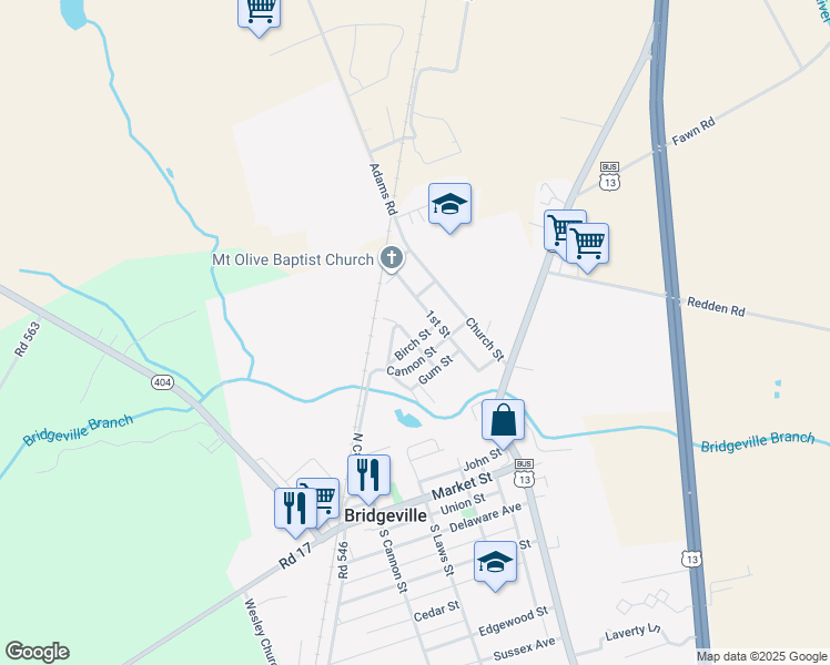 map of restaurants, bars, coffee shops, grocery stores, and more near 395 Railroad Avenue in Bridgeville
