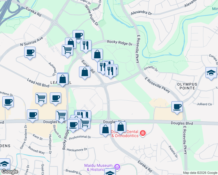 map of restaurants, bars, coffee shops, grocery stores, and more near 1630 Lead Hill Boulevard in Roseville