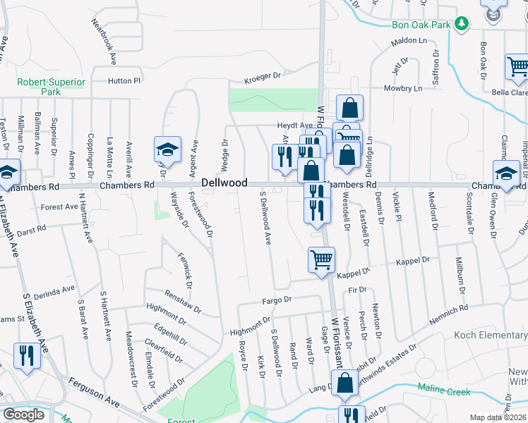 map of restaurants, bars, coffee shops, grocery stores, and more near 19 South Dellwood Avenue in St. Louis