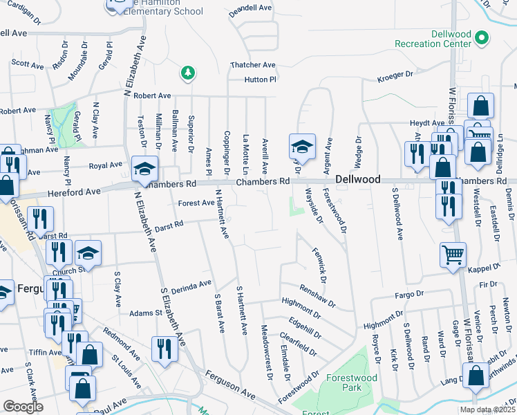 map of restaurants, bars, coffee shops, grocery stores, and more near 902 Chambers Road in Ferguson