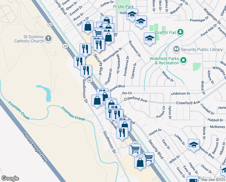 map of restaurants, bars, coffee shops, grocery stores, and more near 111 Grand Boulevard in Colorado Springs