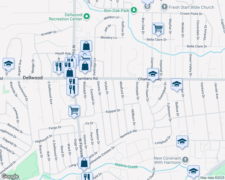 map of restaurants, bars, coffee shops, grocery stores, and more near 9851 Lorna Lane in St. Louis