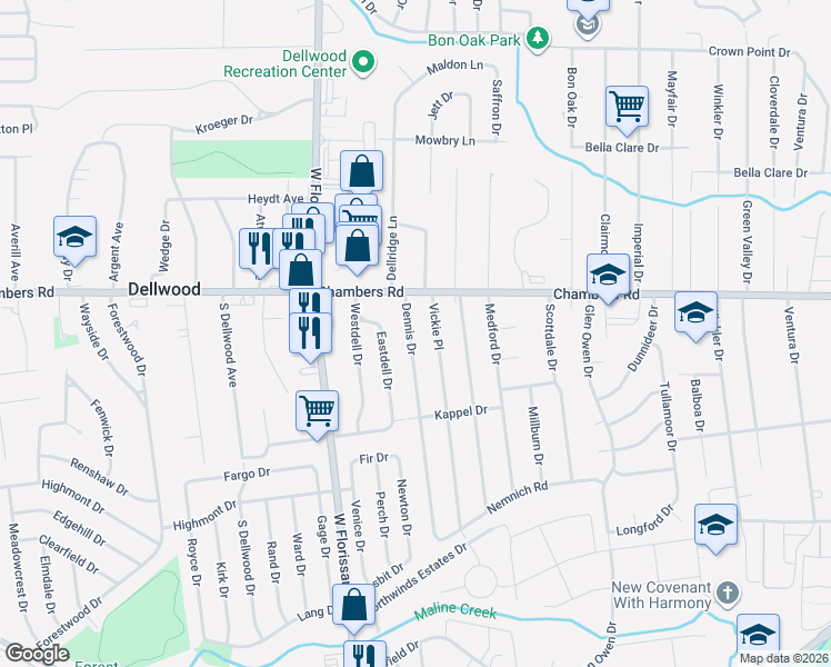 map of restaurants, bars, coffee shops, grocery stores, and more near 9850 Dennis Drive in St. Louis