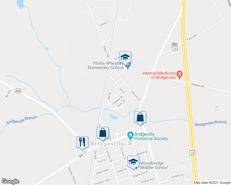 map of restaurants, bars, coffee shops, grocery stores, and more near 305 Second Street in Bridgeville