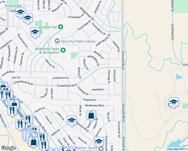 map of restaurants, bars, coffee shops, grocery stores, and more near 365 Putnam Drive in Colorado Springs