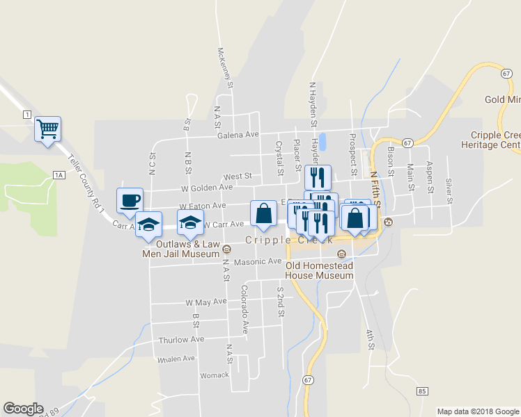 map of restaurants, bars, coffee shops, grocery stores, and more near 106 East Eaton Avenue in Cripple Creek