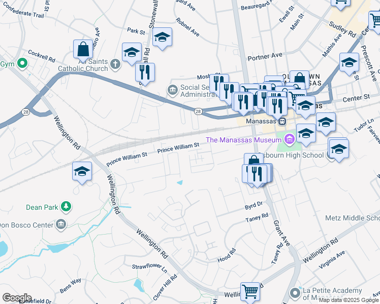map of restaurants, bars, coffee shops, grocery stores, and more near 9407 Tarra Lane in Manassas