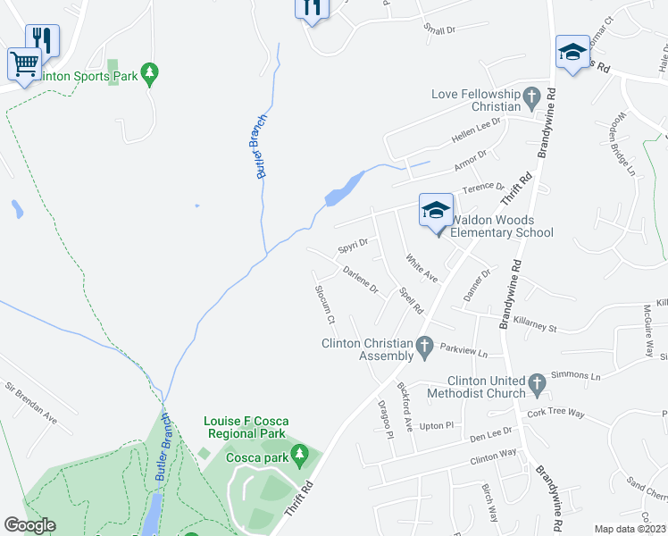 map of restaurants, bars, coffee shops, grocery stores, and more near 5708 Skye Drive in Clinton
