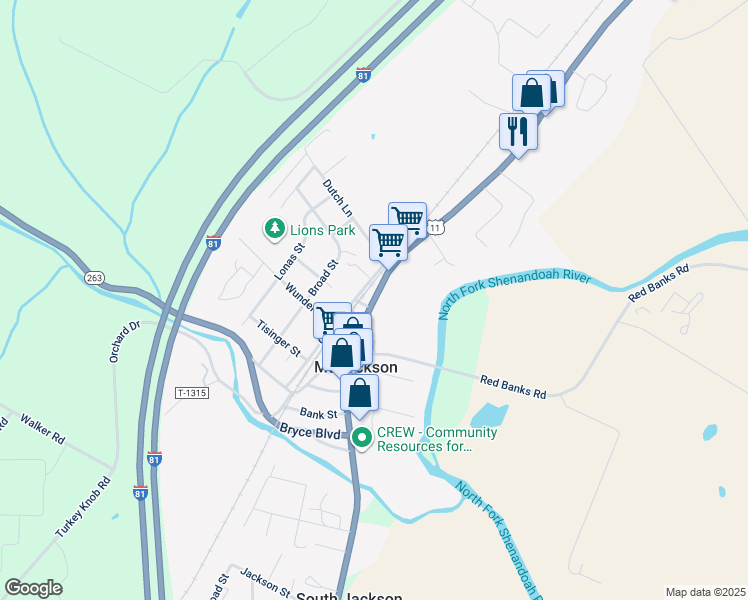 map of restaurants, bars, coffee shops, grocery stores, and more near 5880 Main Street in Mount Jackson