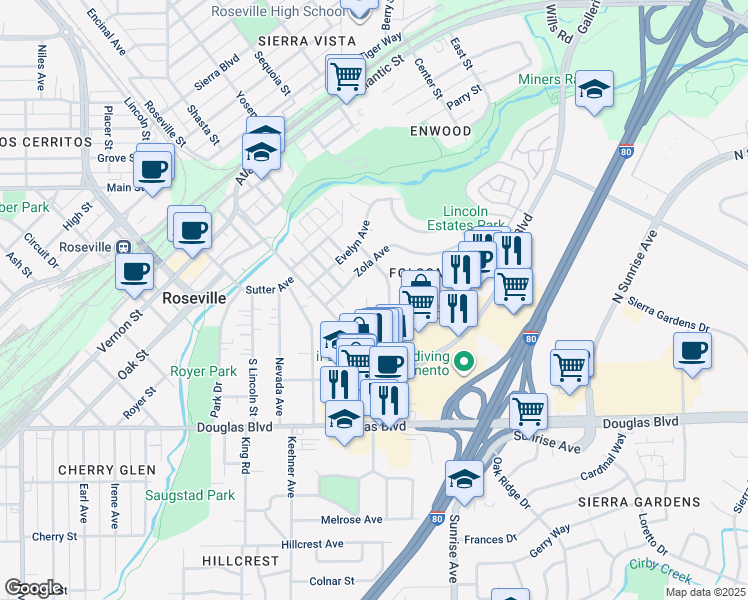 map of restaurants, bars, coffee shops, grocery stores, and more near 222 Sharon Way in Roseville