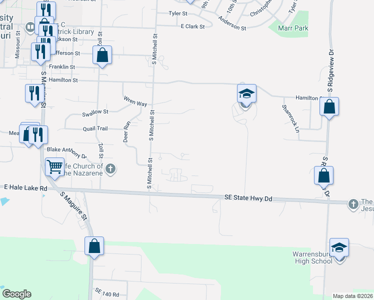 map of restaurants, bars, coffee shops, grocery stores, and more near 1002 Juniper Court in Warrensburg