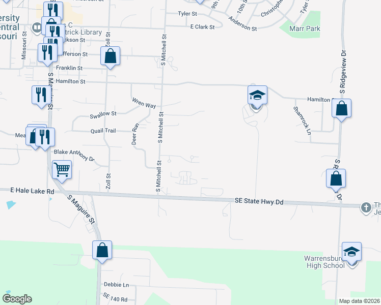 map of restaurants, bars, coffee shops, grocery stores, and more near 1002 Juniper Court in Warrensburg