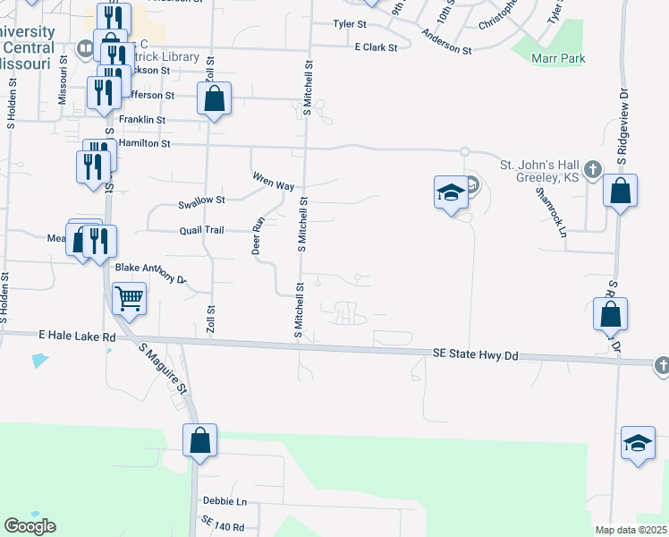map of restaurants, bars, coffee shops, grocery stores, and more near 705 Cedar Drive in Warrensburg