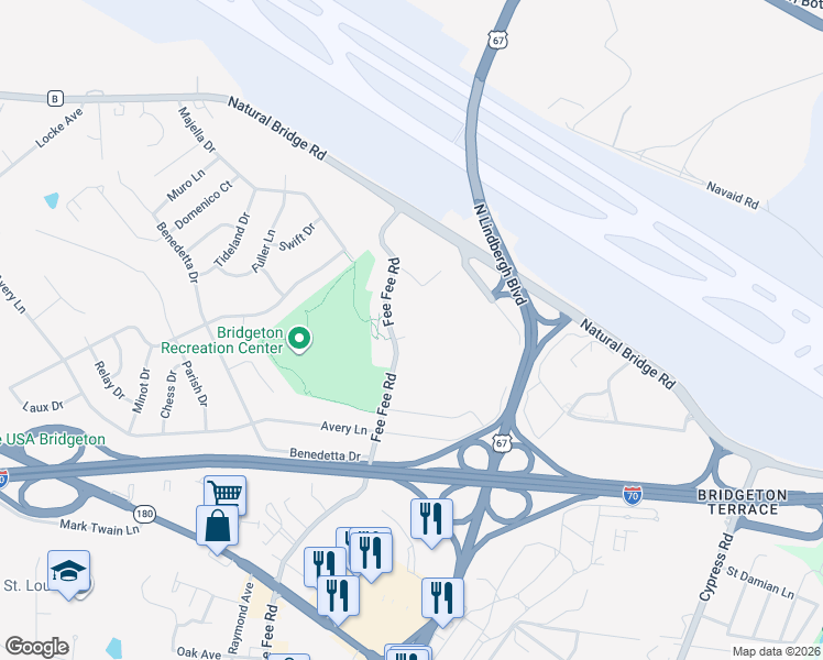map of restaurants, bars, coffee shops, grocery stores, and more near 4232 Fee Fee Road in Bridgeton
