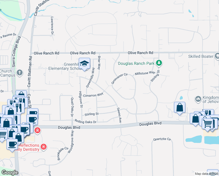 map of restaurants, bars, coffee shops, grocery stores, and more near 5090 Grosvenor Circle in Granite Bay
