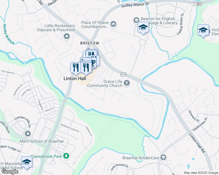 map of restaurants, bars, coffee shops, grocery stores, and more near 12540 Rickwood Court in Bristow