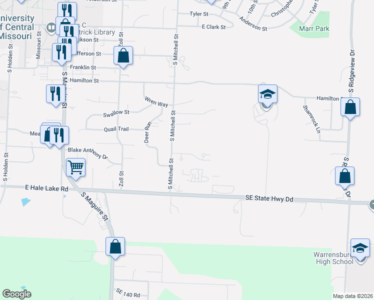 map of restaurants, bars, coffee shops, grocery stores, and more near 705 Cedar Drive in Warrensburg