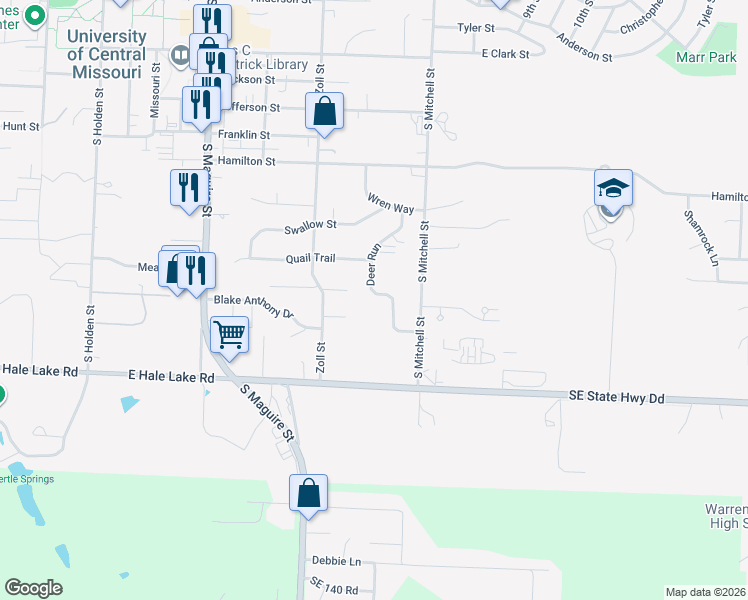 map of restaurants, bars, coffee shops, grocery stores, and more near 505 Mallory Court in Warrensburg