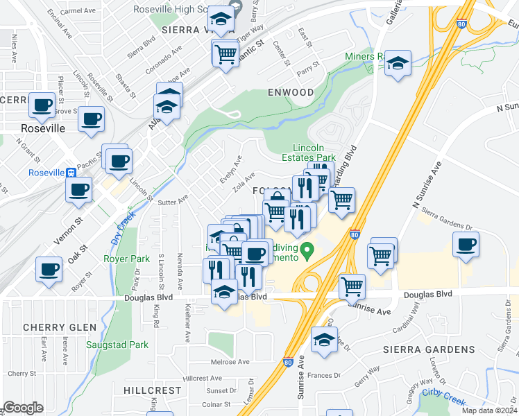 map of restaurants, bars, coffee shops, grocery stores, and more near 211 Sharon Way in Roseville