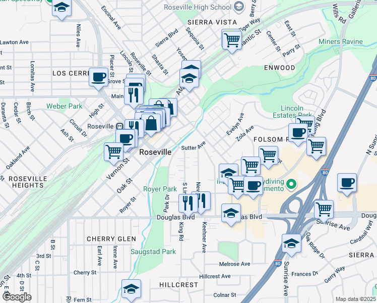 map of restaurants, bars, coffee shops, grocery stores, and more near 116 South Lincoln Street in Roseville