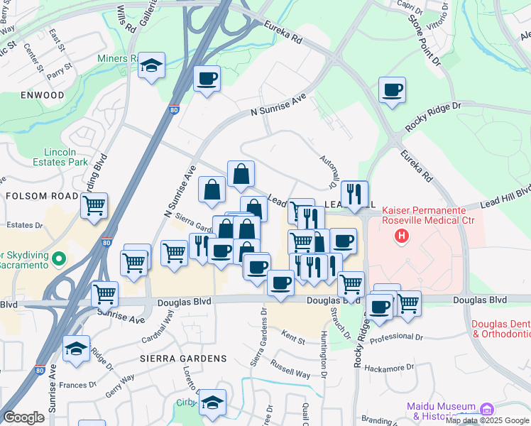 map of restaurants, bars, coffee shops, grocery stores, and more near 1390 Lead Hill Boulevard in Roseville