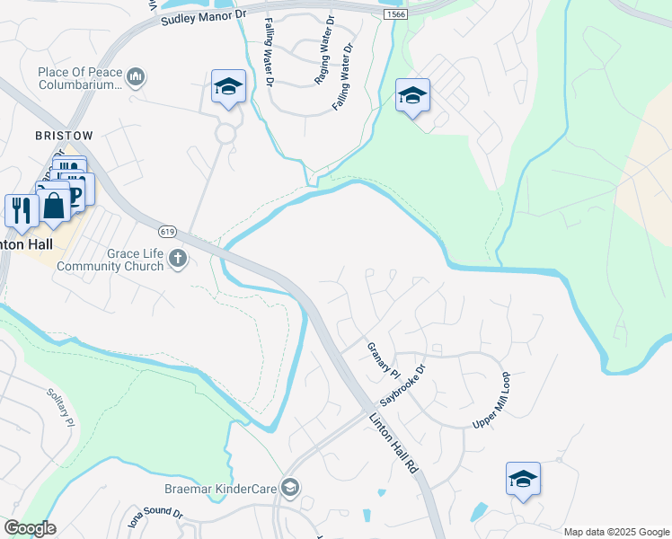 map of restaurants, bars, coffee shops, grocery stores, and more near 9661 Granary Place in Bristow