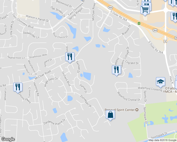 map of restaurants, bars, coffee shops, grocery stores, and more near 43 Tournament Tee Drive in O'Fallon