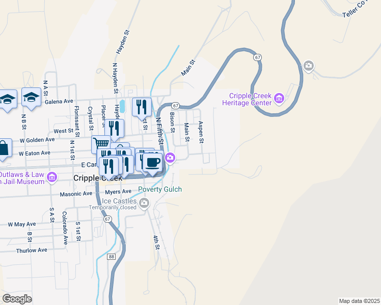 map of restaurants, bars, coffee shops, grocery stores, and more near 531 East Carr Avenue in Cripple Creek
