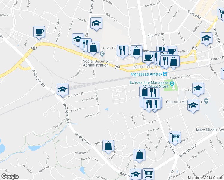 map of restaurants, bars, coffee shops, grocery stores, and more near 9402 Tarra Lane in Manassas